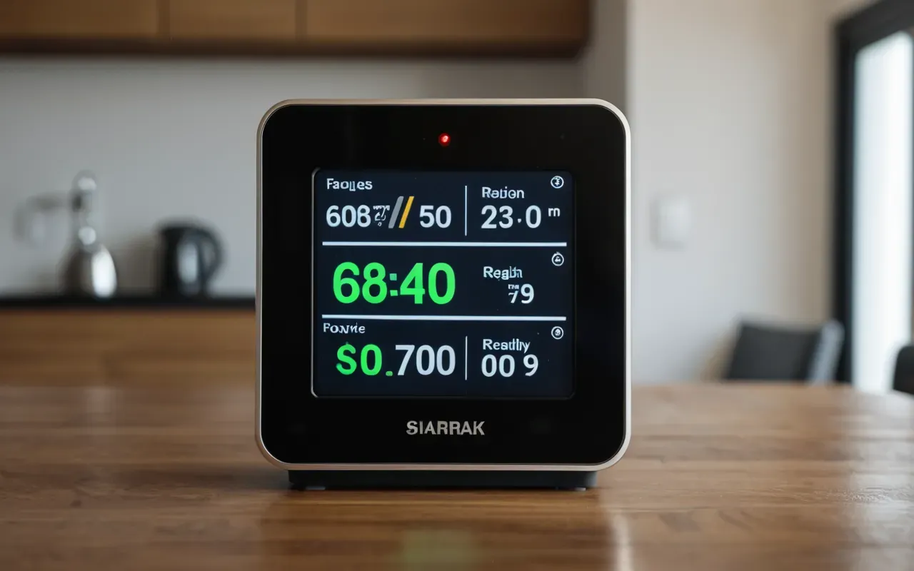 hava kalitesini izleme cihazı A modern smart home air quality monitor device on a wooden table showing green status lights, representing healthy indoor air without any text or numbers on the screen.