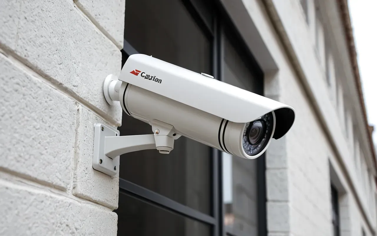 güvenlik kamerası ve apartman güvenliği A modern white security camera mounted on the exterior wall of a building under bright daylight. The lens is clean and reflective showing a clear view of the street below.