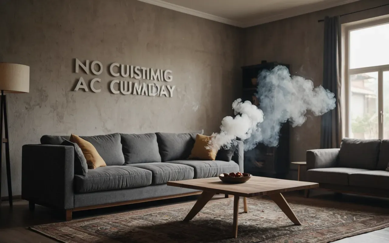 dumanlı oda temizliği A photo of a modern living room with light smoke particles floating in the air, showing invisible contamination on furniture and walls without any text or signs.