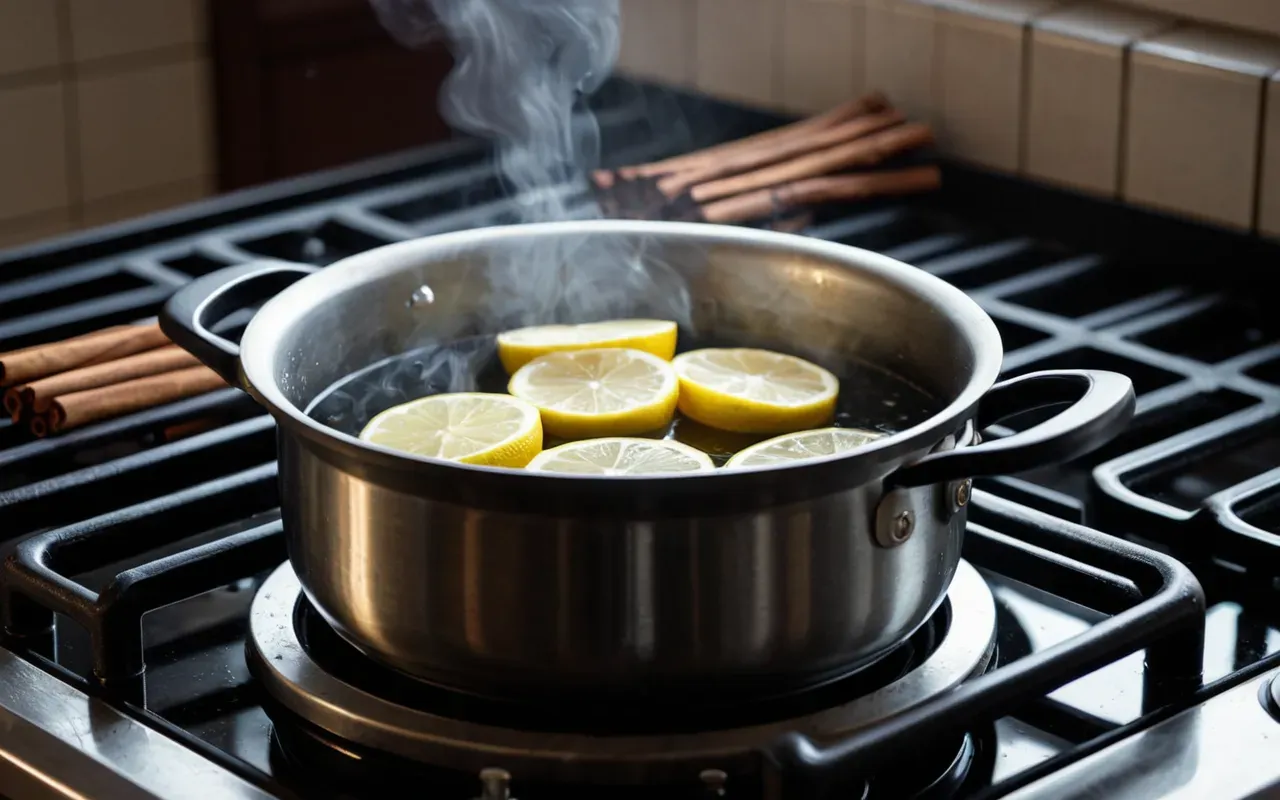 limon tarçın demleme A photo of a small pot on a stove with water boiling and lemon slices plus cinnamon sticks floating in it creating aromatic steam.