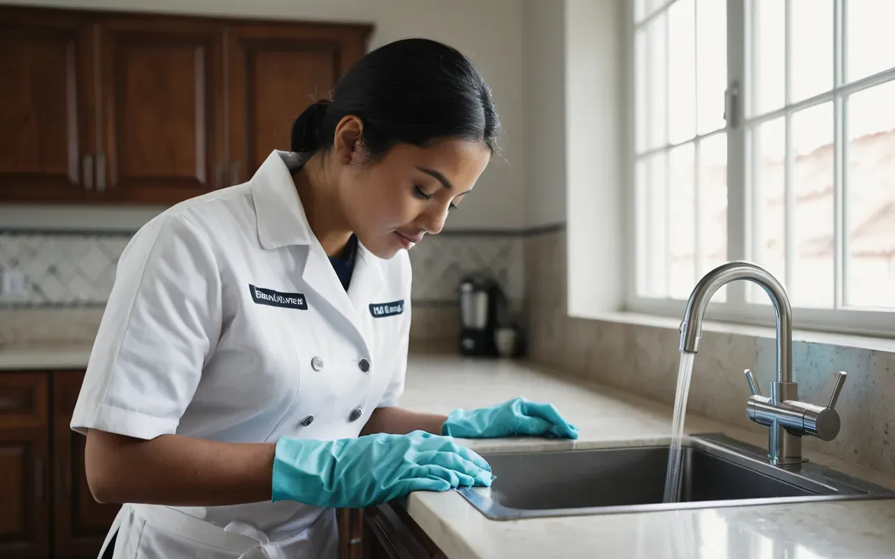 mutfak temizliği A professional cleaning team in white uniforms carefully sanitizing a modern kitchen sink and countertops with cloths and sprays, soft natural light from a window.