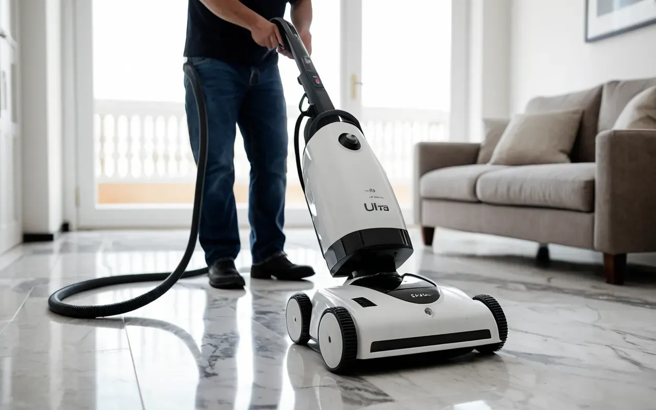 profesyonel ev temizliği A professional cleaning technician using a modern steam cleaner on a marble floor in a bright and airy living room environment.