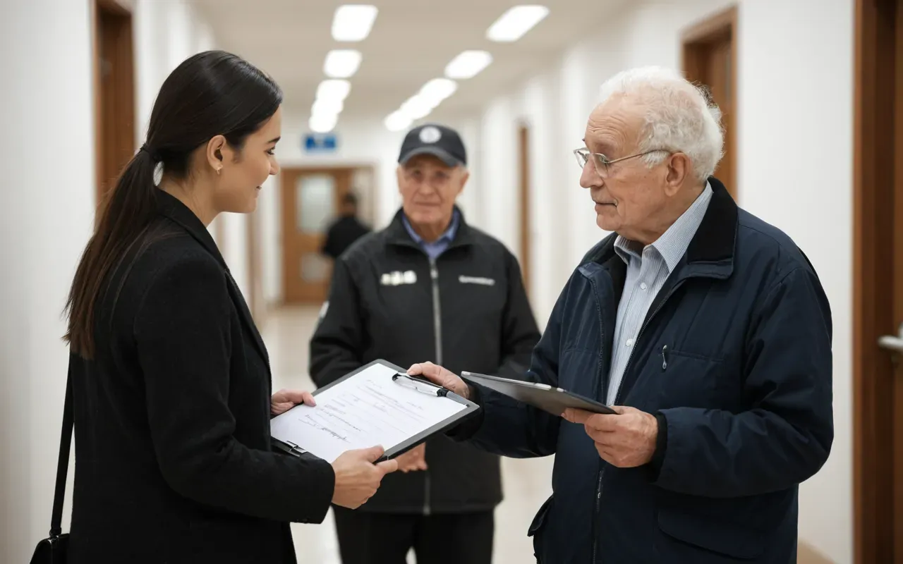 A professional team member holding a clipboard while talking to an elderly person in a bright hallway. The interaction appears respectful and calm.