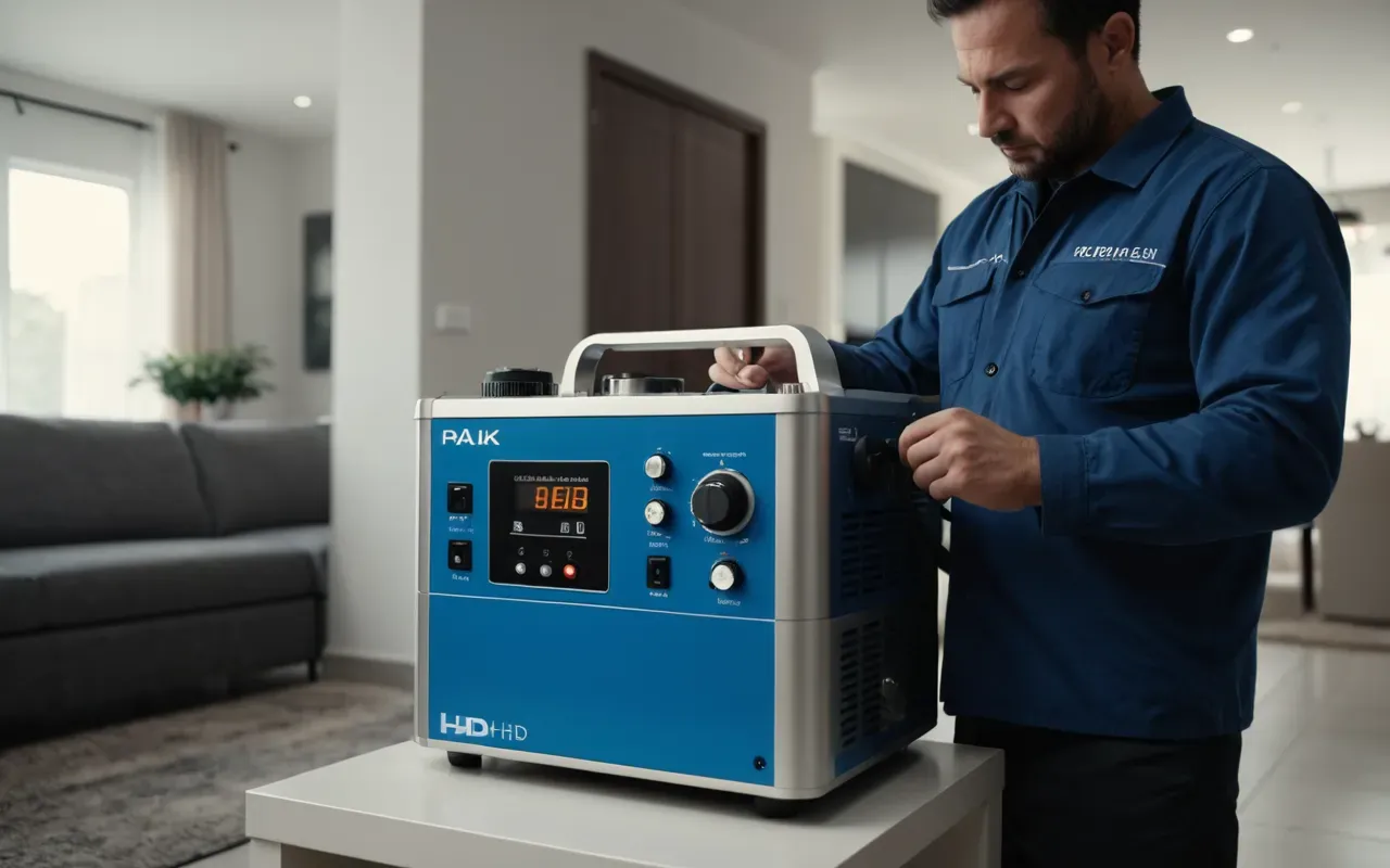 hidroksil jeneratörü kullanımı A professional technician using a high tech hydroxyl generator machine in a modern home interior, showing advanced odor removal technology without any text or logos on the device.