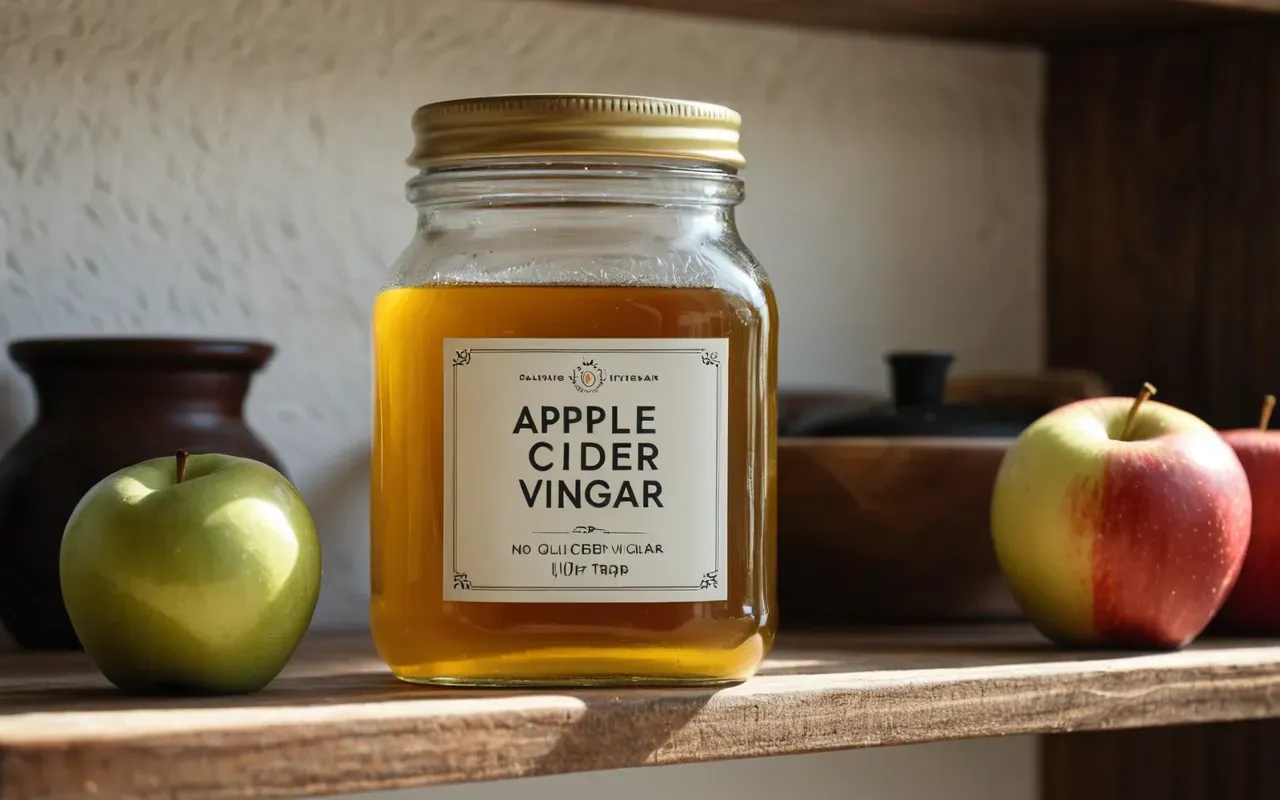 doğal tuzaklar A simple glass jar containing apple cider vinegar and a layer of olive oil placed on a wooden kitchen shelf as an eco friendly pest trap with soft morning light creating a calm domestic atmosphere without any text or labels