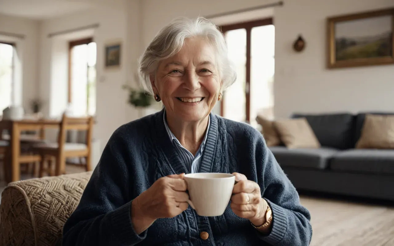 yaşlı refahı A smiling elderly person sitting in a clean and airy living room, looking relaxed while holding a cup of tea, soft daylight illuminating the space.
