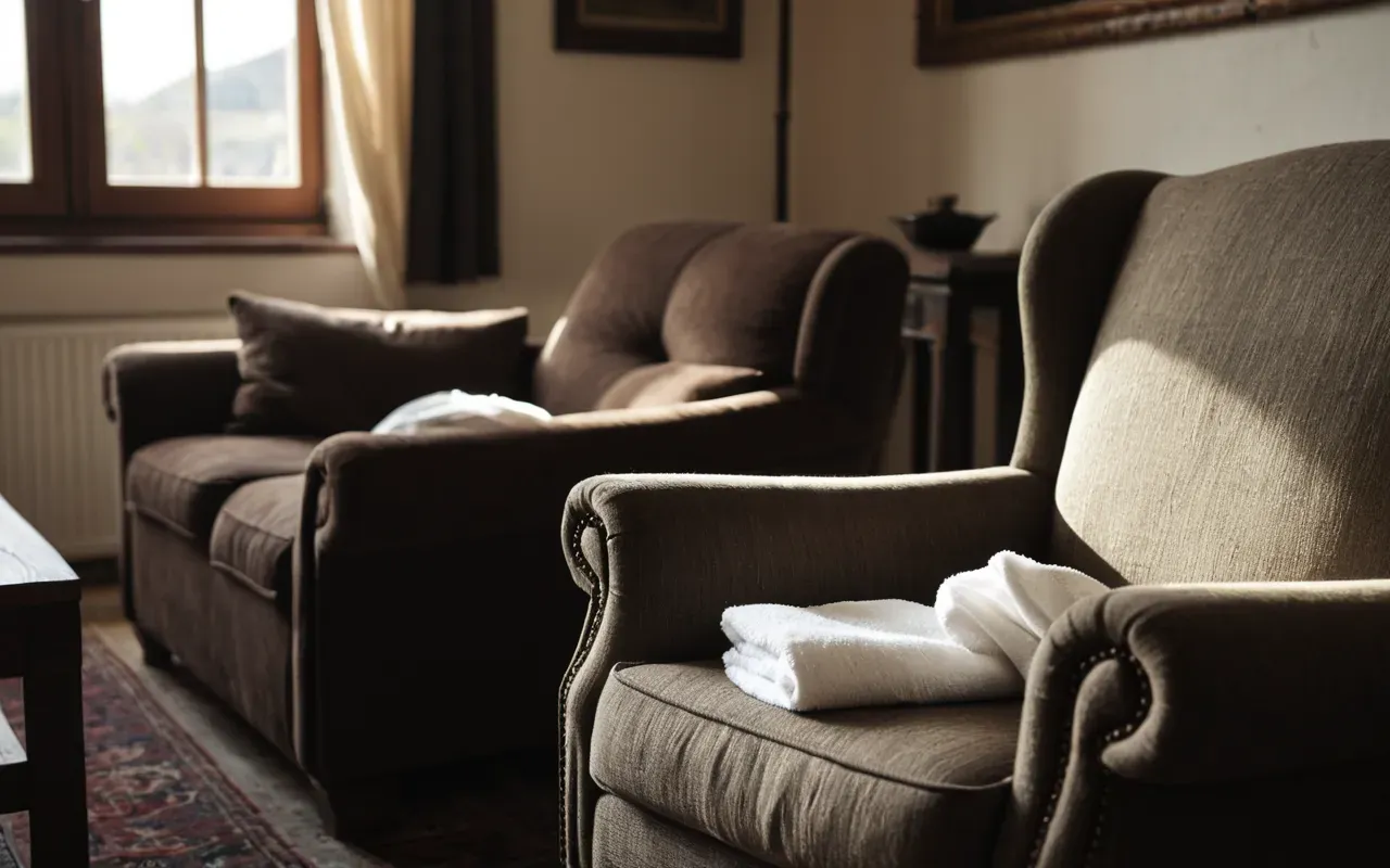 A sunlit living room with a comfortable armchair near a window. A pair of hands holding a cleaning cloth is visible in the foreground, suggesting imminent domestic care activity.