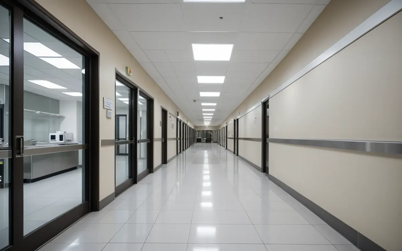A wide-angle view of a modern healthcare facility corridor with soft ambient lighting, clean white floors reflecting overhead lights, glass doors at the end showing an office space, professional and sterile atmosphere, no people or visible signage.