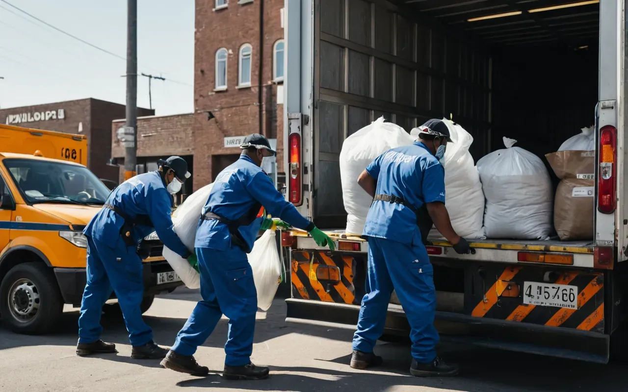 profesyonel temizlik hizmeti A wide shot of municipal cleaning workers in protective gear carefully loading large bags into a truck, bright daylight, organized chaos in the background.