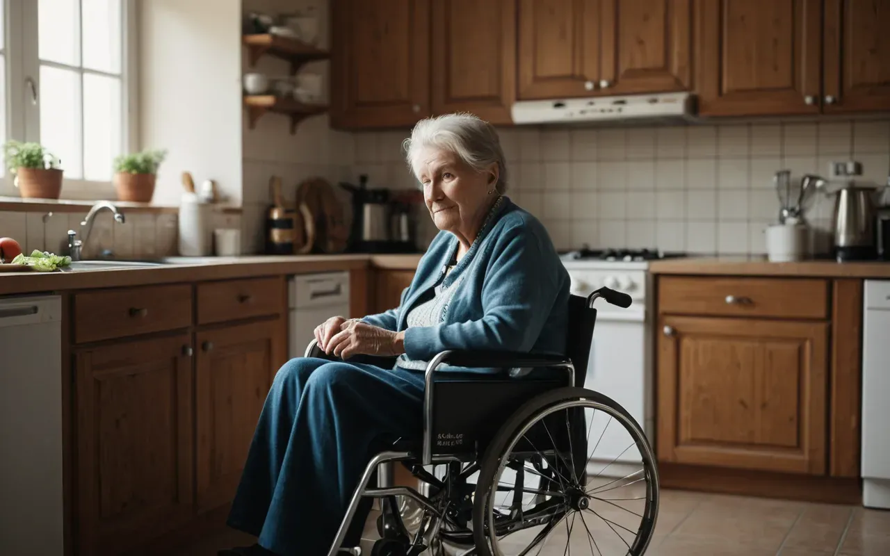 An elderly woman sitting in a wheelchair near a kitchen counter. Soft natural light illuminates the room, creating a warm and supportive atmosphere.