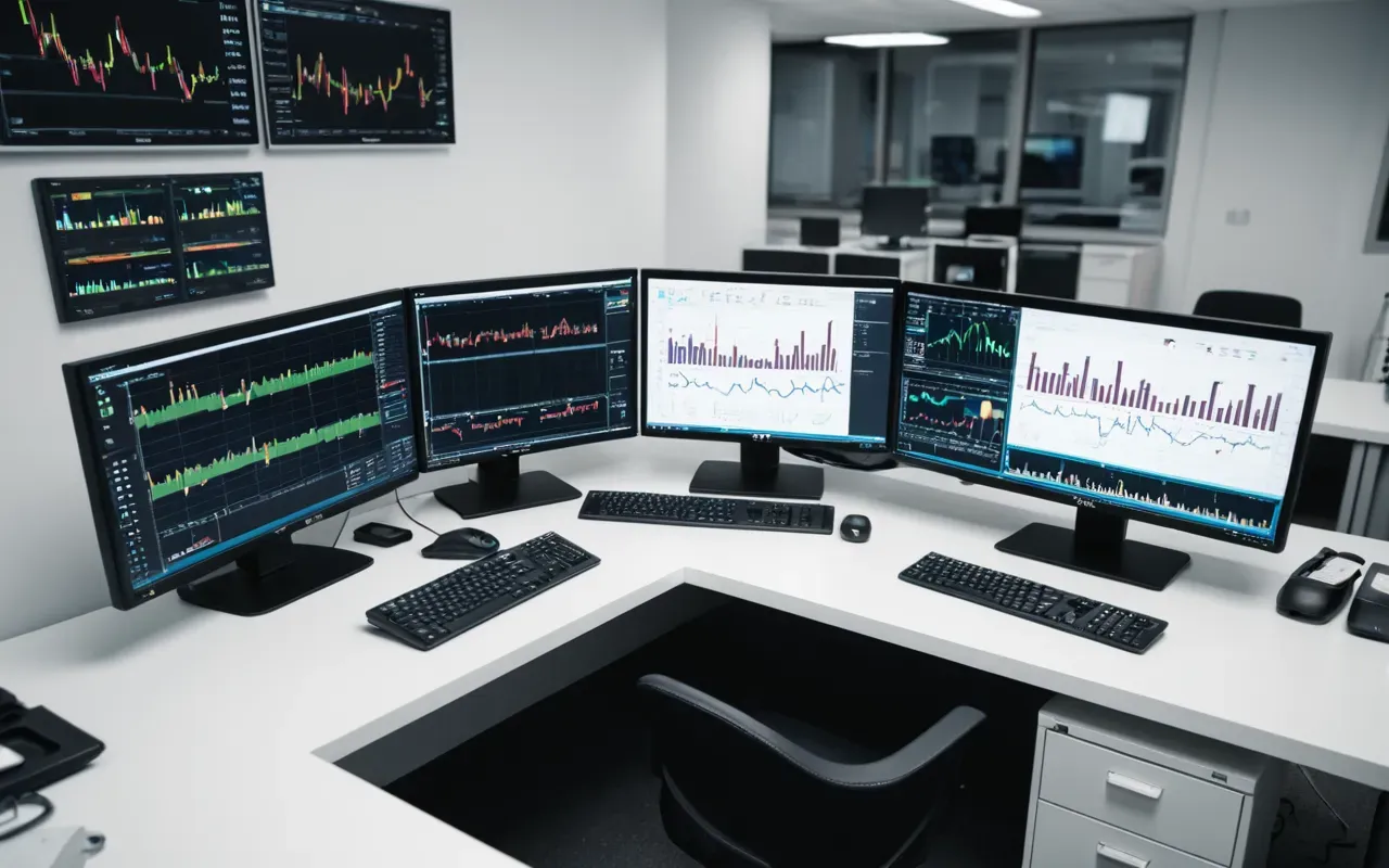 An overhead shot of a modern medical workstation with multiple monitors displaying abstract health data graphs and charts, clean white desk surface, professional lighting setup, organized cables, contemporary office environment without any visible text or logos.