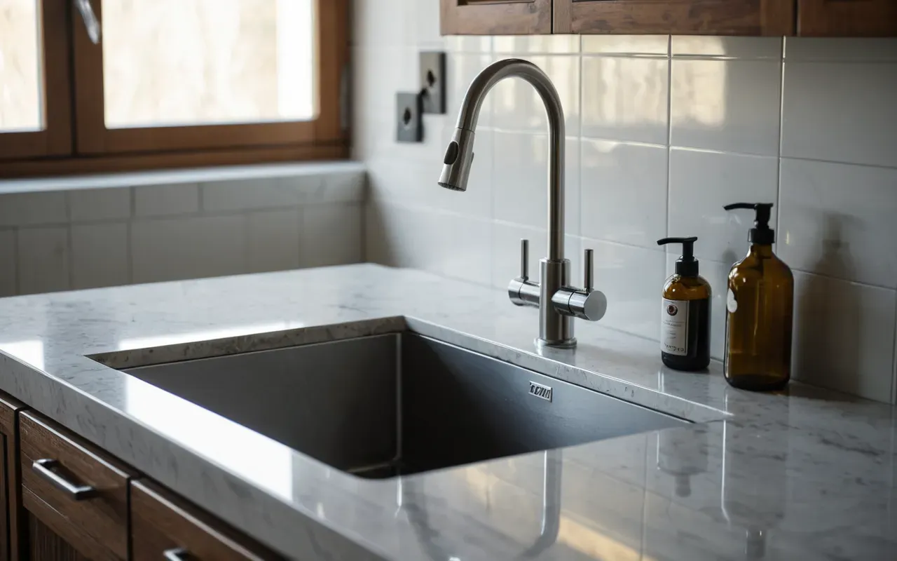 modern mutfak temizliği atmosferi Bright editorial shot of a clean kitchen countertop with a white ceramic sink and stainless steel tap bathed in soft morning light reflecting off the polished glass backsplash.