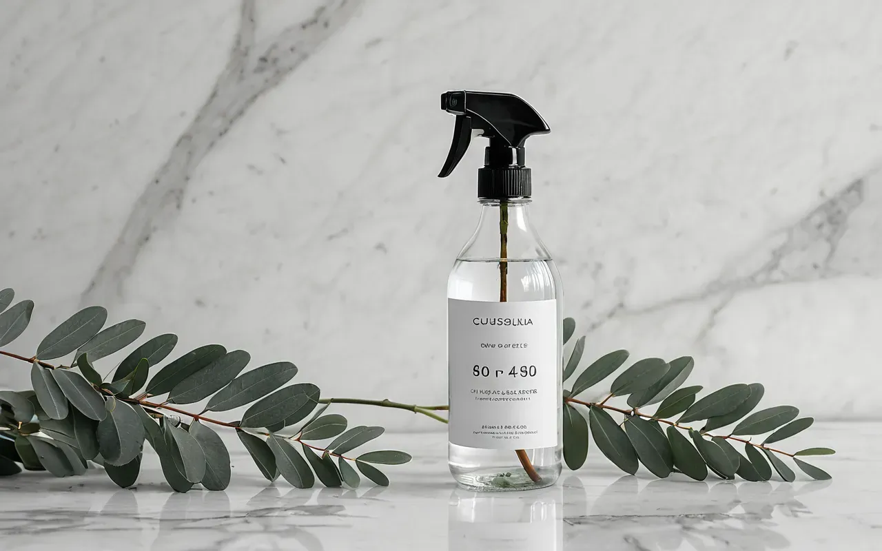 doğal koku giderici Close-up of a clear glass spray bottle on a white marble surface with soft shadows and green eucalyptus leaves in the background, clean editorial photography.