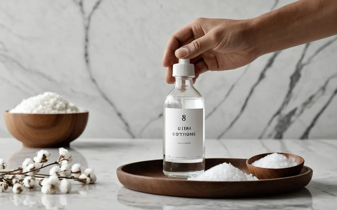 Close-up of a hand holding a clear pump bottle with neutral liquid next to a small wooden bowl containing dried white flowers and cotton pads on a light marble surface under soft studio lighting