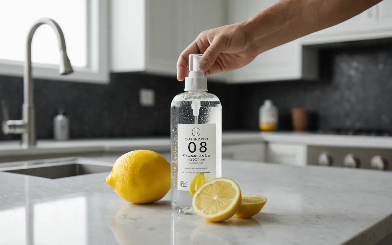 doğal sprey hazırlama Close-up of a hand holding a spray bottle filled with clear liquid and lemon slices. The background is a clean white kitchen counter with soft lighting.