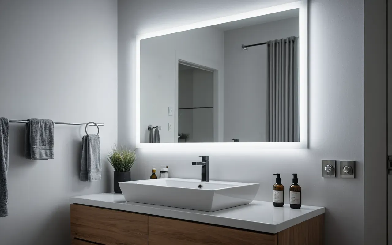 modern banyo hijyeni Close-up of a modern bathroom mirror with fog-free glass, sleek white vanity unit, and soft LED lighting above the sink, clean editorial photography