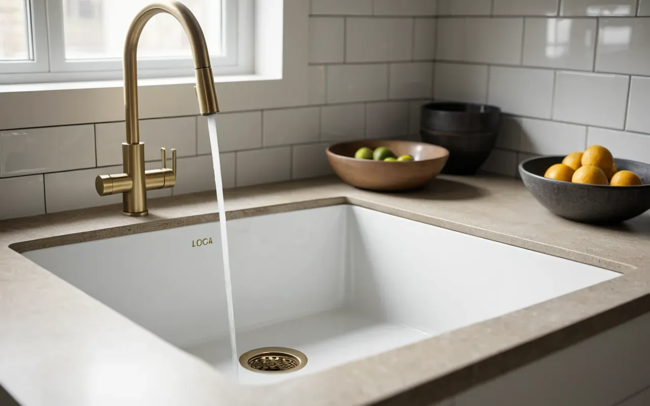 modern mutfak lavabosu temizliği Close up of a modern minimalist kitchen sink with brushed brass faucet and ceramic bowl, soft natural daylight highlighting clean surfaces and uncluttered space without any visible text or labels in the frame composition.