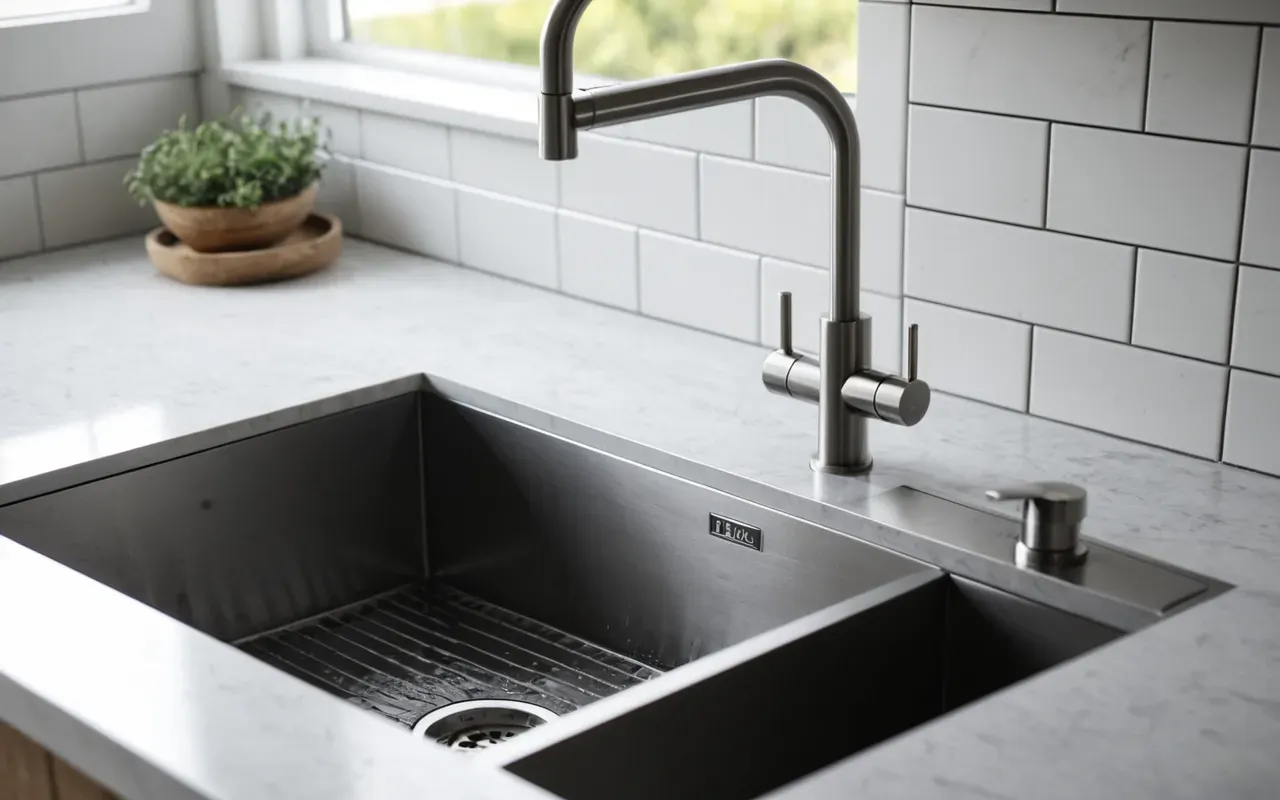 modern mutfak temizliği Close-up of a modern minimalist kitchen sink with water running, brushed steel faucet, and clean white tiles in the background, soft natural daylight from a large window, editorial photography style