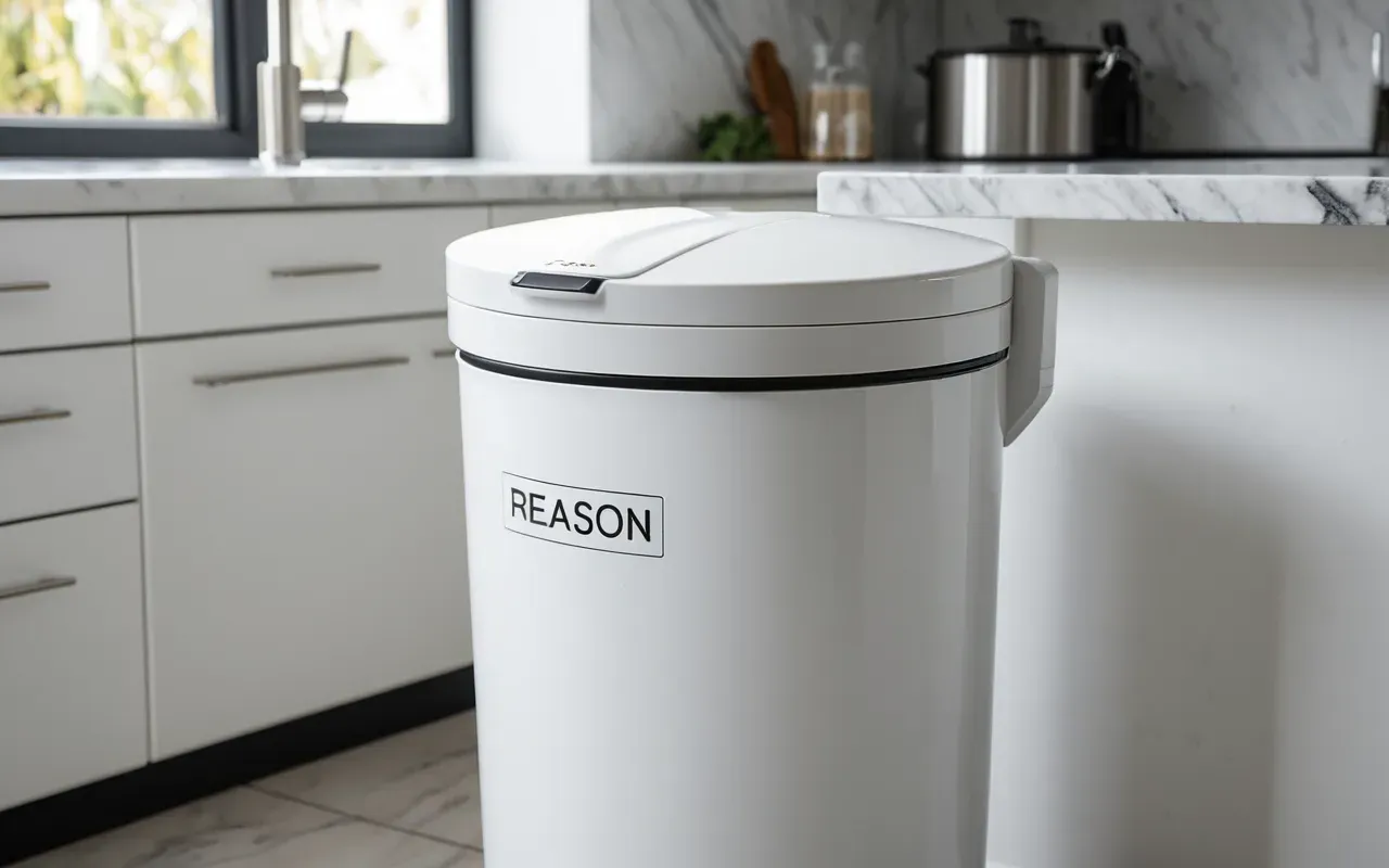çöp kutusu hijyeni Close up of a modern white trash can with a leak proof lid in a bright clean kitchen setting near a marble countertop showing freshness and hygiene without any visible insects or text elements