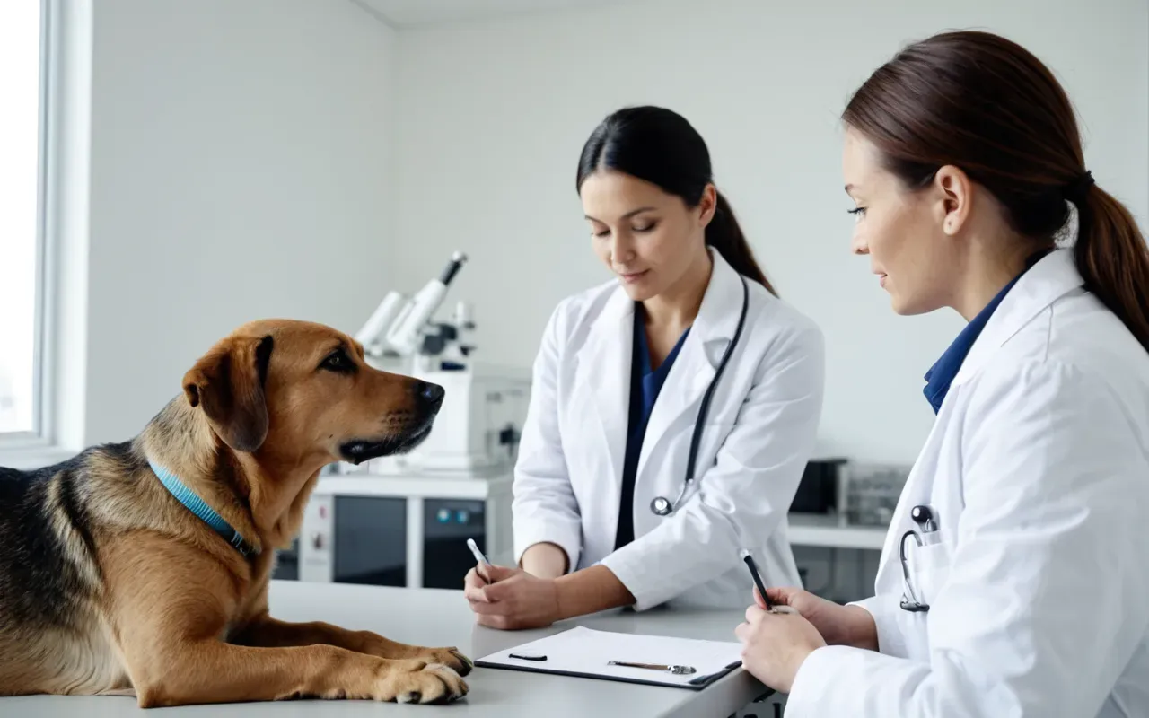 Close up of a veterinary team in white coats examining a healthy dog in a modern clinical room with bright natural light and clean medical equipment