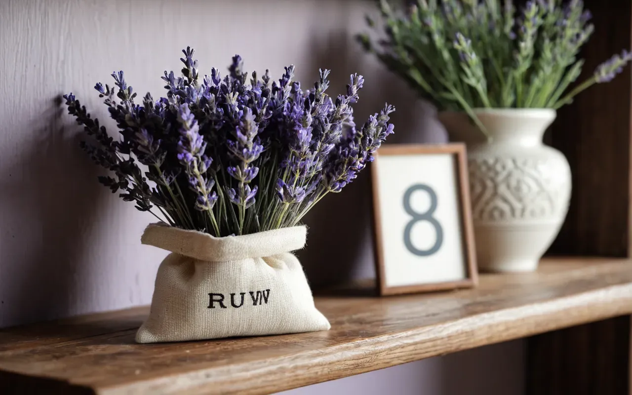 Close up of dried lavender flowers arranged in a small fabric sachet placed on a bright wooden shelf next to a vase with fresh green leaves.