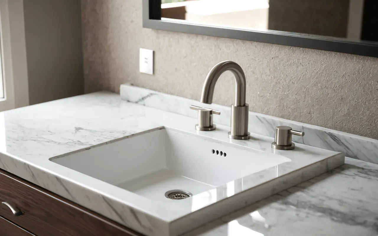 Close-up shot of a modern white ceramic bathroom sink with brushed nickel faucet and clean marble countertop under bright natural light