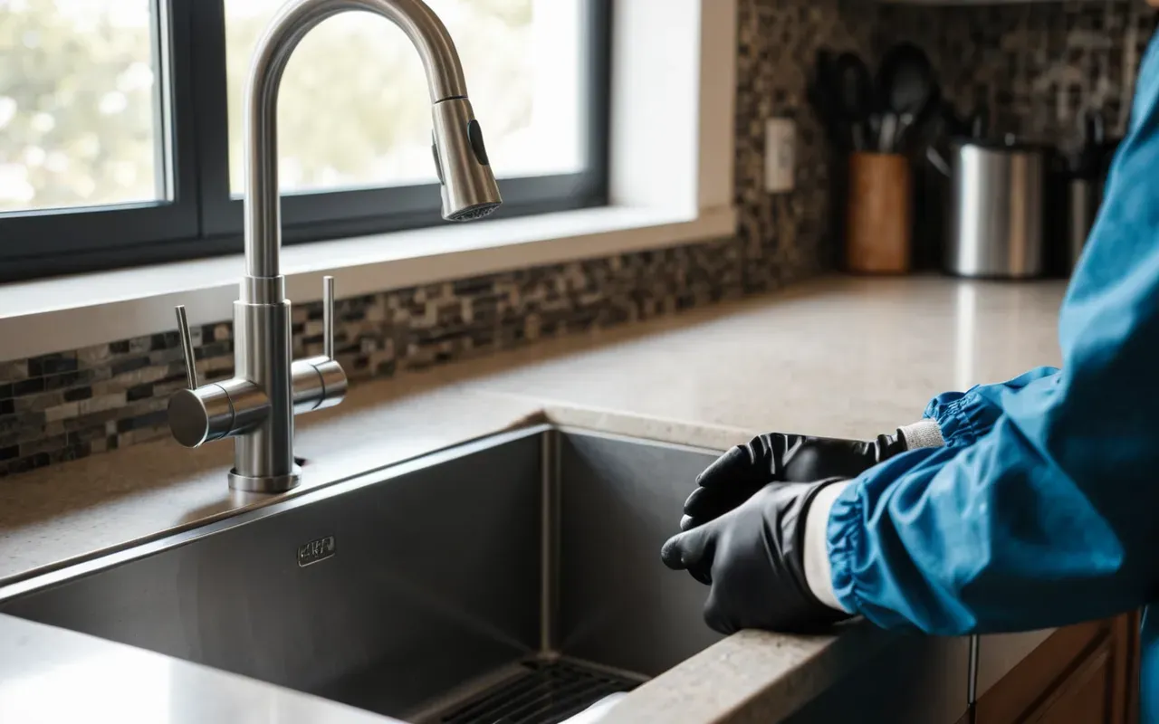 çöp kutusu hijyeni Close-up view of a clean modern kitchen sink area with a stainless steel trash bin liner being replaced by gloved hands under bright natural light from a window.