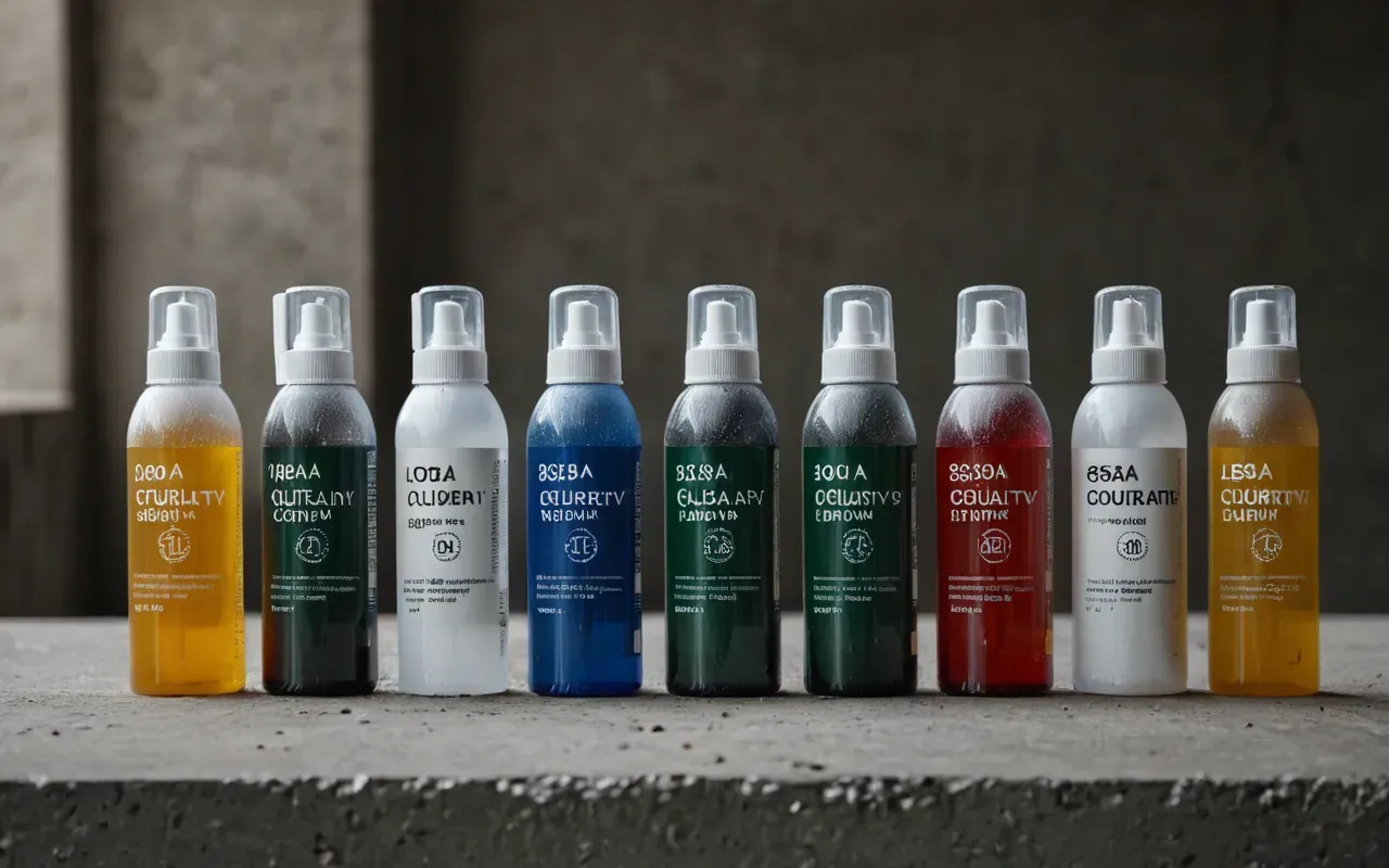 Editorial still life of various plastic spray bottles with neutral colored labels arranged on a concrete surface under studio lighting