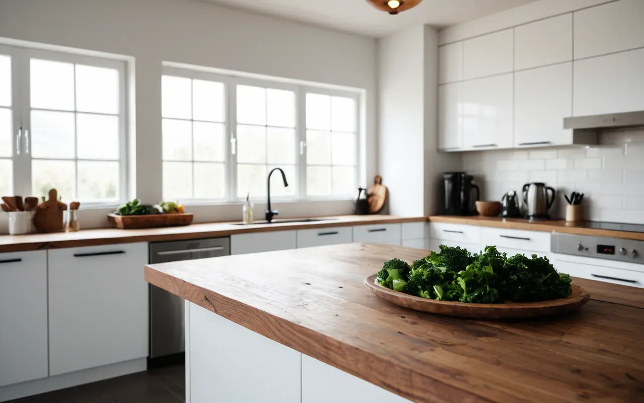 mutfak temizliği Interior of a modern minimalist kitchen with white cabinetry and wooden countertops, soft natural daylight streaming through large windows, editorial photography style.