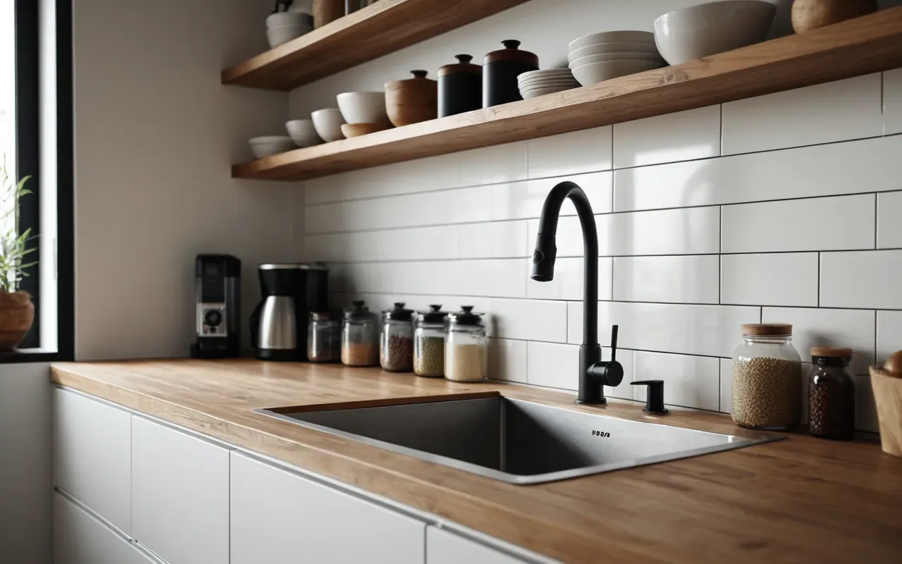 Interior of a modern minimalist kitchen with white cabinets and wooden countertops featuring a sink area being cleaned by hand with natural ingredients visible in glass jars nearby under bright daylight