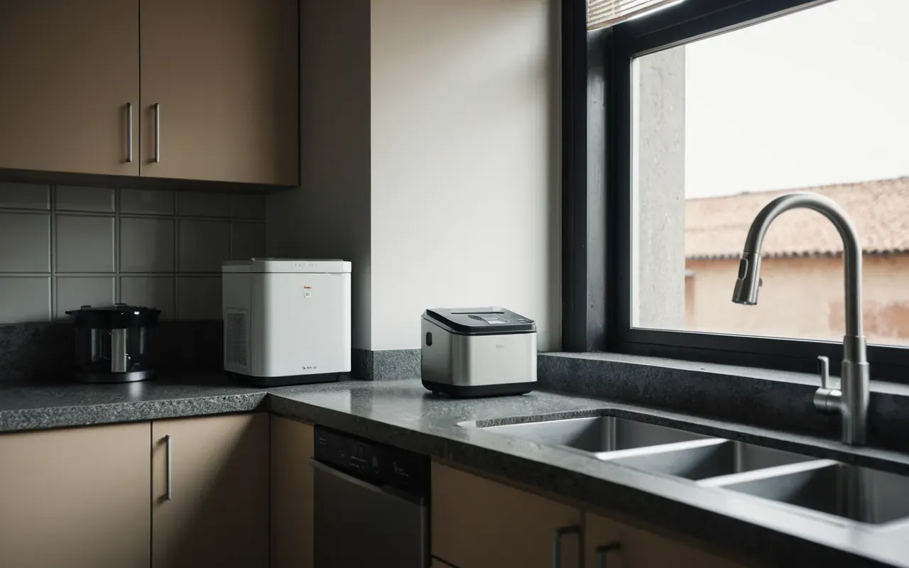 mutfak temizliği ipuçları Interior shot of a modern kitchen corner with an open window allowing fresh air flow and a small dehumidifier unit placed near the trash collection point.