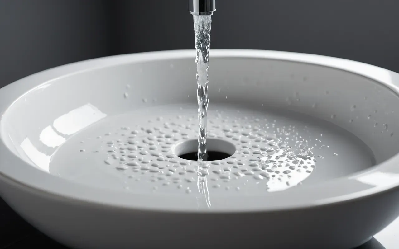 temiz lavabo sifon detayı Macro photography of a clean white ceramic sink drain with water droplets reflecting soft studio lighting and neutral grey background emphasizing the pristine condition without any readable characters or signs.