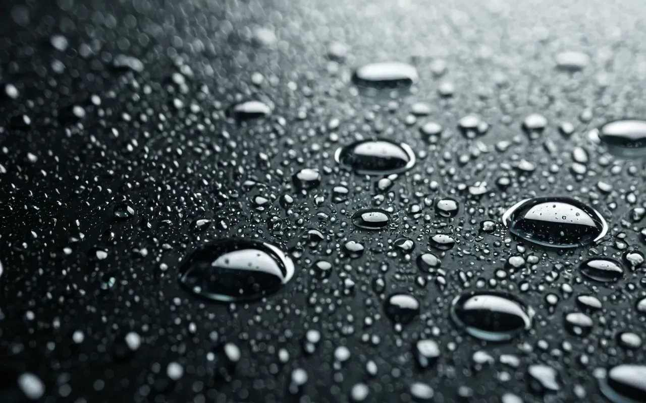 Macro photography of water droplets on a clear glass surface with visible organic residue and microscopic bacteria texture in soft lighting
