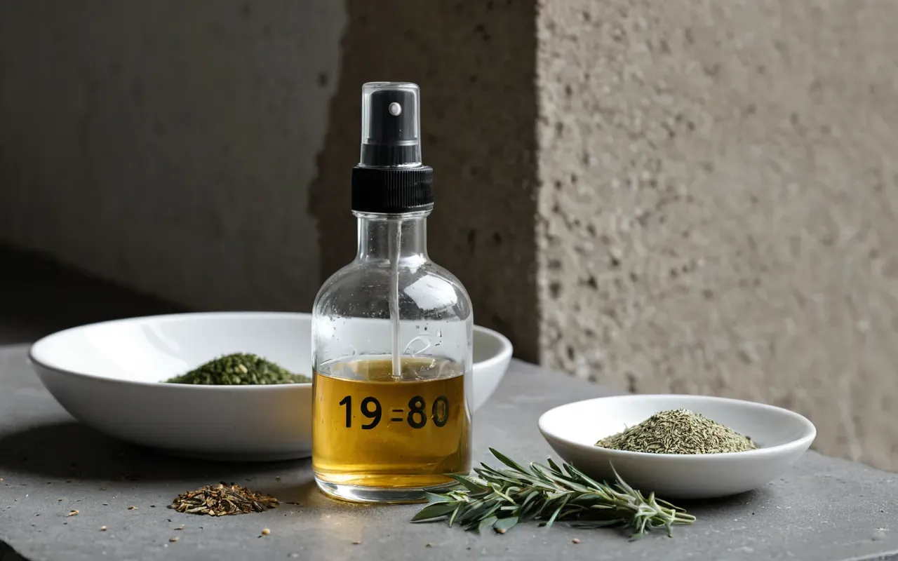 Macro shot of a clear glass spray bottle with neutral liquid next to a small white ceramic bowl and dried herbs on a clean concrete surface with soft diffused natural light