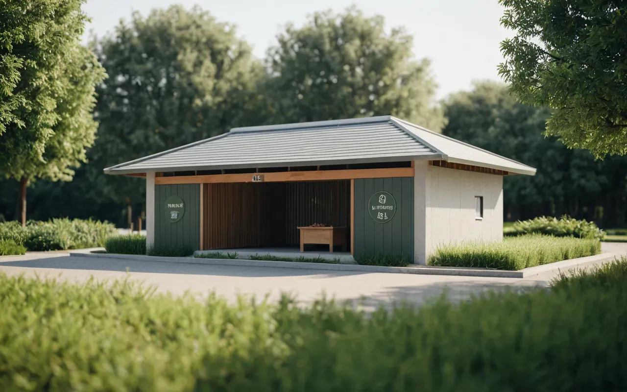 Modern architectural model of an animal shelter surrounded by green landscaping and small trees under soft morning light with a clean minimalist background