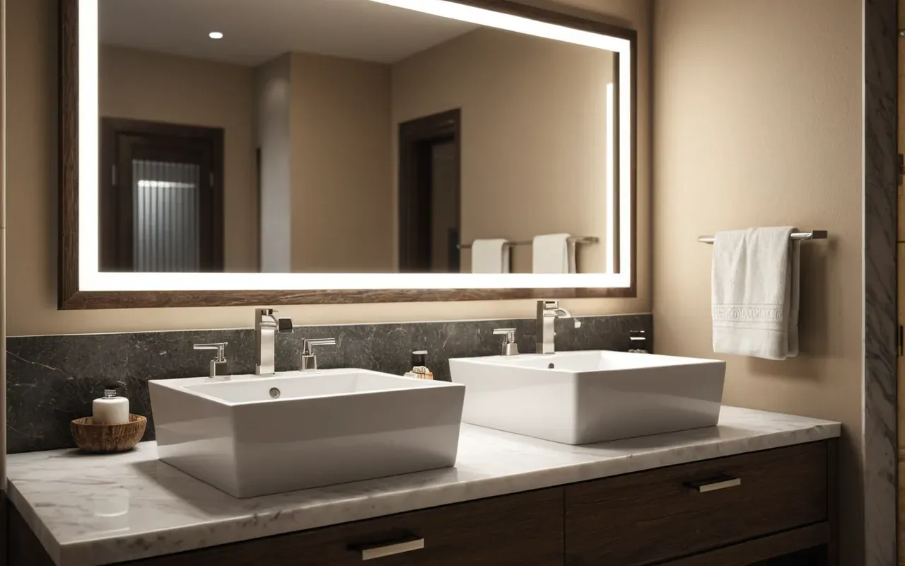modern banyo lavabosu tasarımı Modern bathroom interior featuring a dual sink vanity with white marble top and silver handles illuminated by warm ambient lighting creating an elegant atmosphere without any visible text or logos.