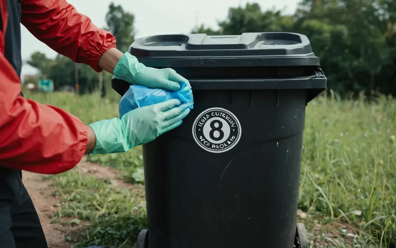 çöp kutusu hijyeni Person wearing rubber gloves carefully placing a thick biodegradable trash bag into a clean outdoor waste bin under soft natural daylight.