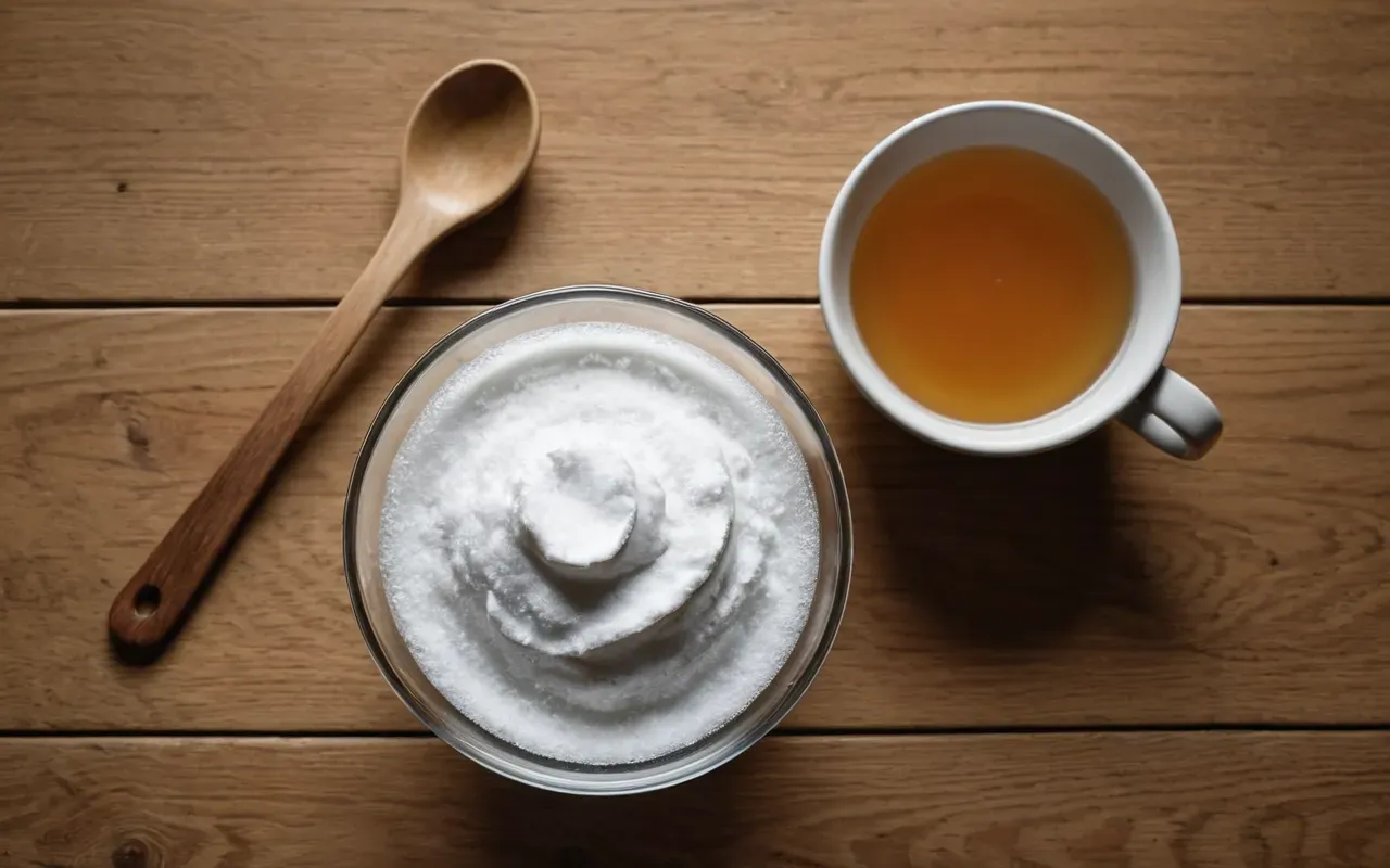 Top down view of a glass bowl containing white baking soda and apple cider vinegar with wooden spoon on a light oak table surface