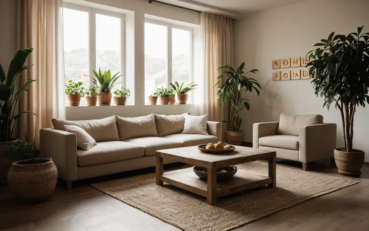 yaşam alanı ferahlık Wide shot of a modern living room with beige sofa, large potted plants, and soft diffused light coming through sheer curtains, clean editorial interior photography