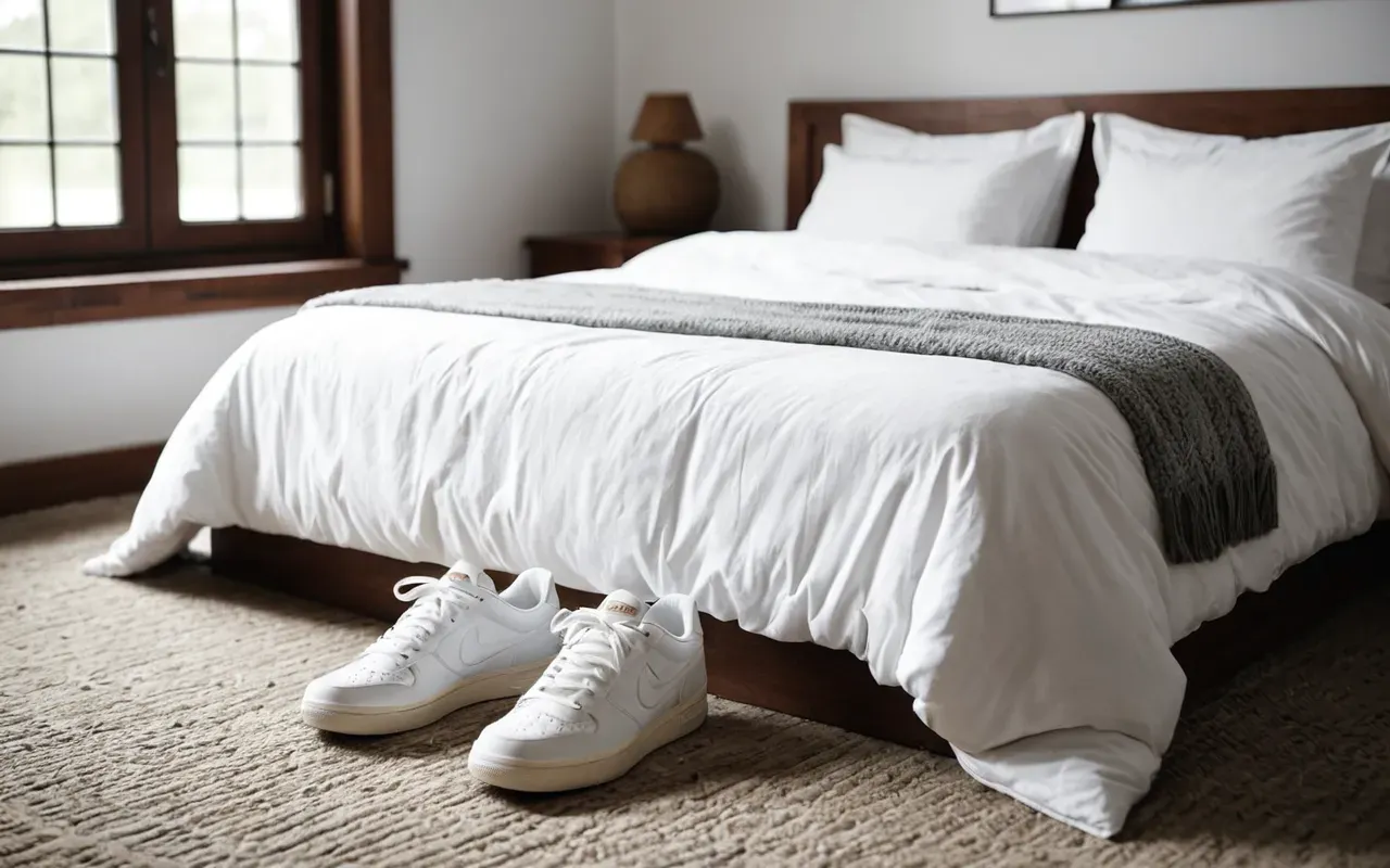 giyim hijyeni estetiği A bright modern bedroom interior with crisp white cotton bedding and a pair of clean white sneakers on the floor near an open window.
