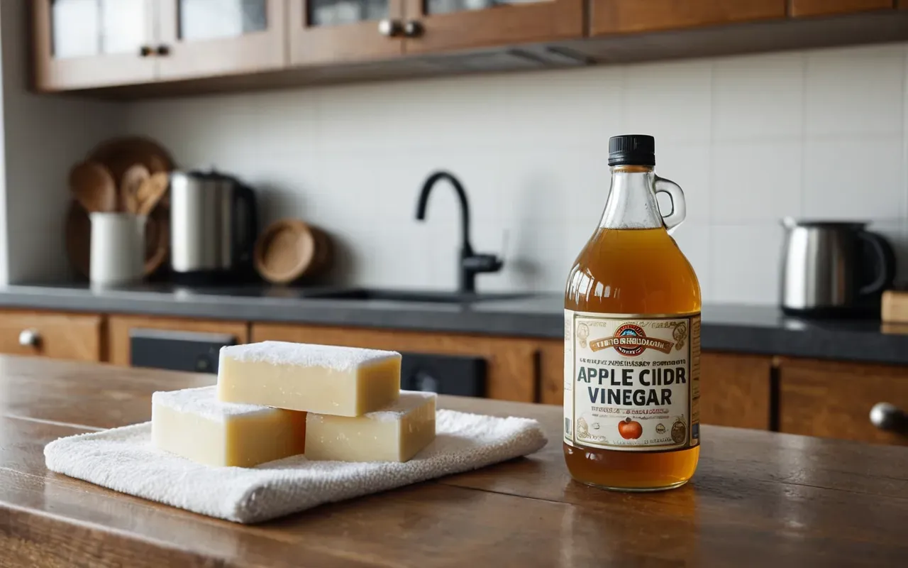 dogal temizlik malzemeleri A clean and modern kitchen counter with a glass bottle of apple cider vinegar, a bowl of baking soda, and a bar of white soap arranged naturally. Soft morning light highlights the rustic textures and simple ingredients.