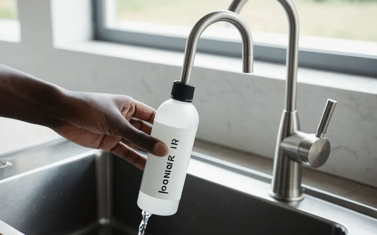 ürün seçimi estetiği A clean editorial photograph of a hand holding a modern white pump bottle over a stainless steel sink with soft reflections and natural light.