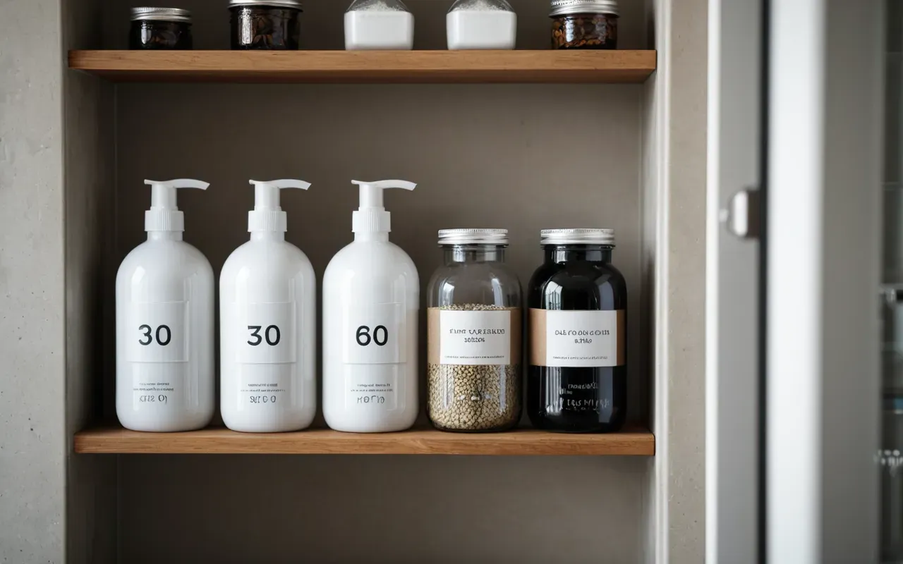 banyo düzeni A close-up editorial shot of a generic modern bathroom shelf with neatly arranged white plastic bottles and glass jars under soft diffused natural light from a window.
