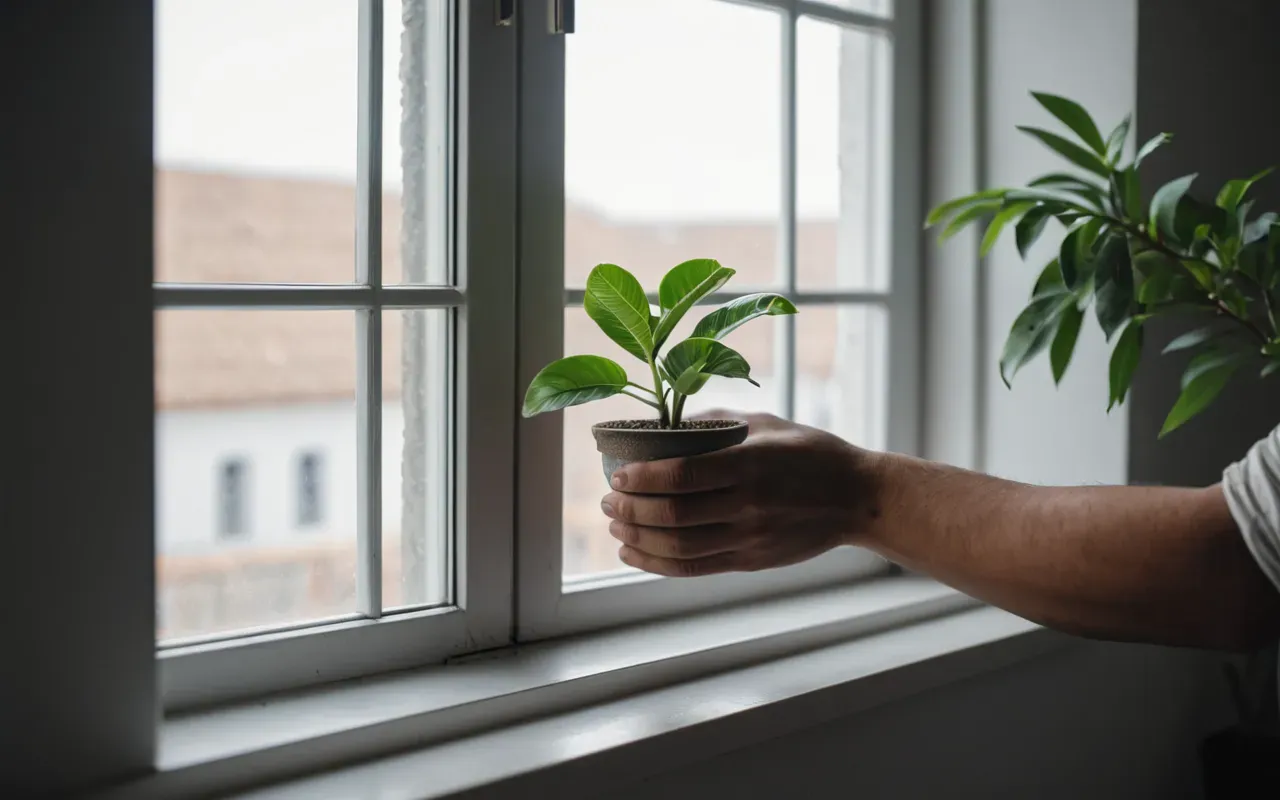 doğal havalandırma A close-up of a person's hand opening a window in a bright living room to let fresh air flow in while holding a small plant on the windowsill.