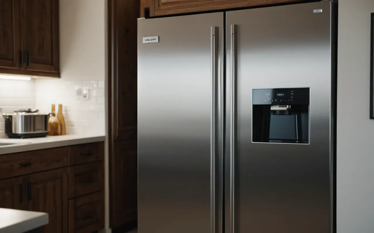 mutfak cihazları temizliği A close up view of a modern kitchen interior showing a spotless refrigerator and dishwasher next to each other. The lighting is soft and warm, emphasizing the clean stainless steel surfaces and the organized state of the appliances.