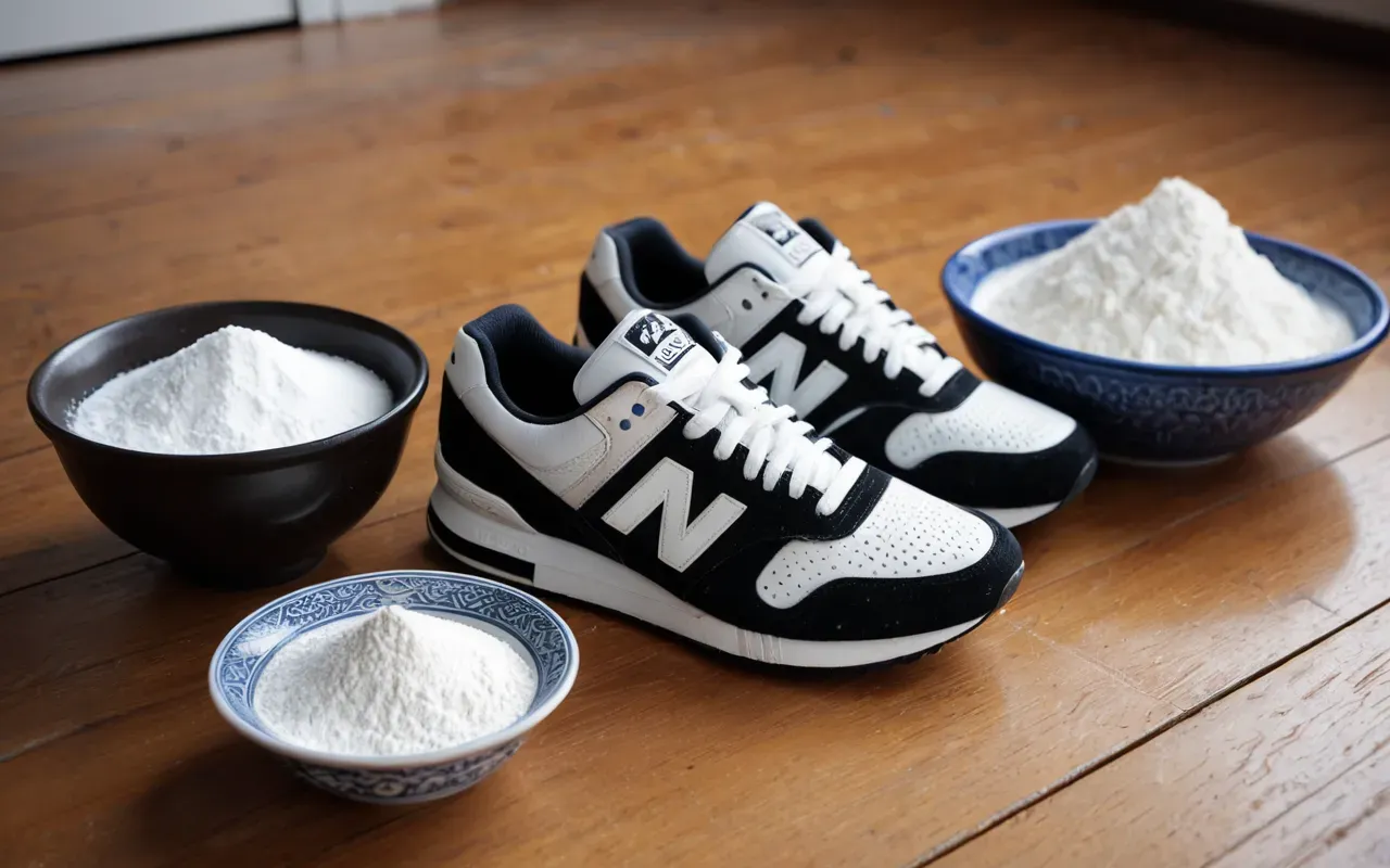 A close-up view of a pair of athletic sneakers placed on a bright wooden floor next to a small bowl containing white baking powder, showing the texture and clean environment under soft natural daylight.