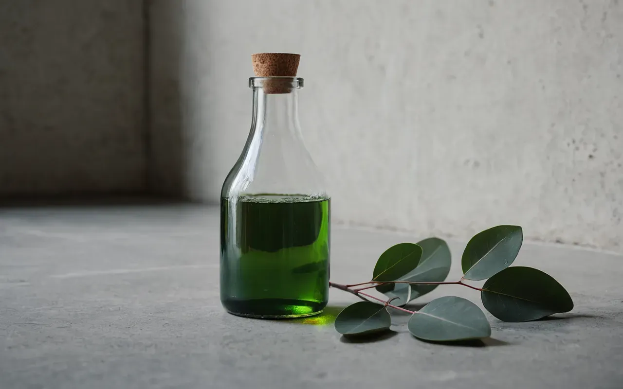 doğal bakım estetiği A minimalist still life photograph of a clear glass bottle with green liquid and fresh eucalyptus leaves on a smooth concrete surface with soft shadows.