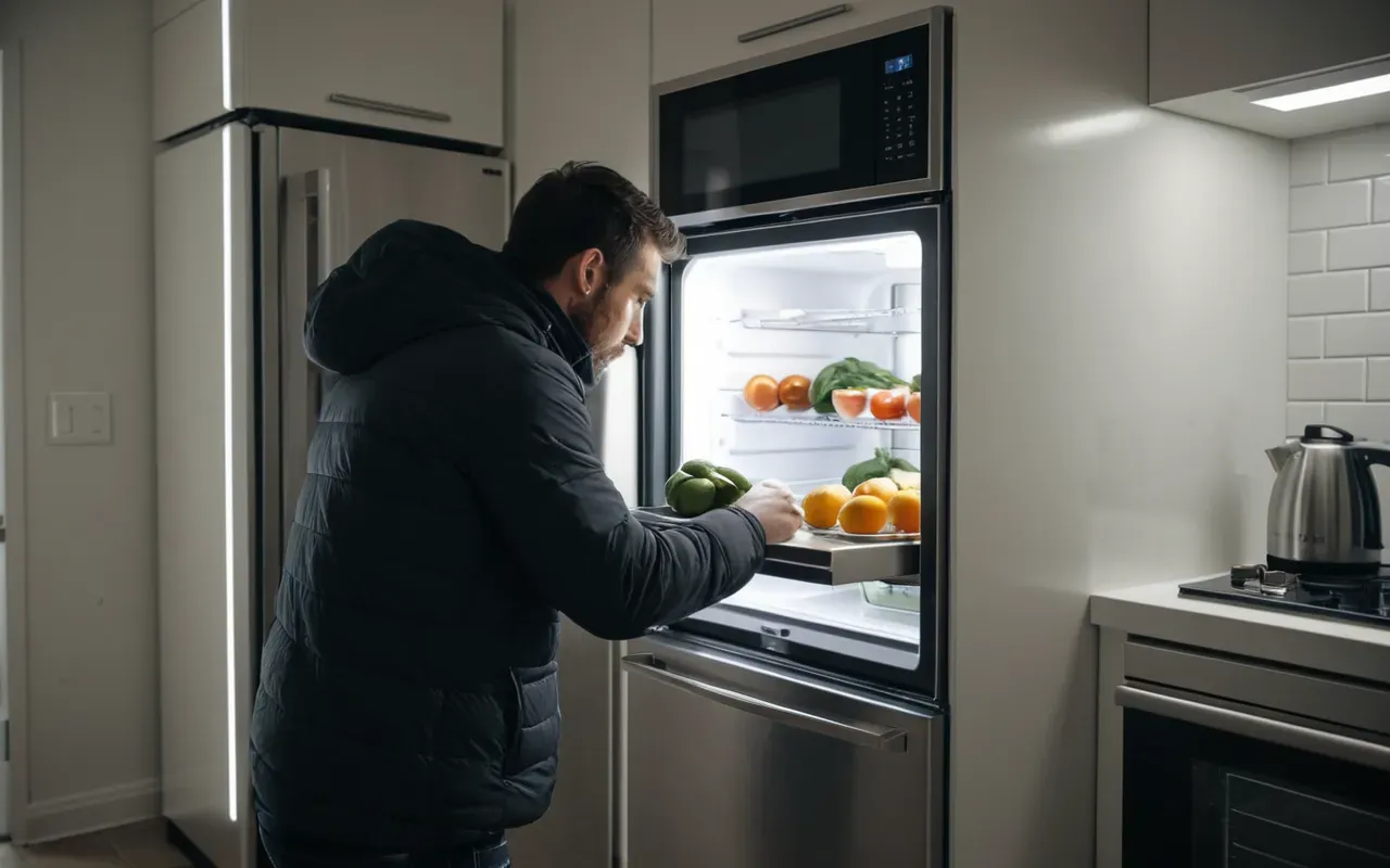 buzdolabı bakımı ve temizliği A modern clean kitchen with a person checking the area under a refrigerator using a flashlight, bright lighting, realistic style.