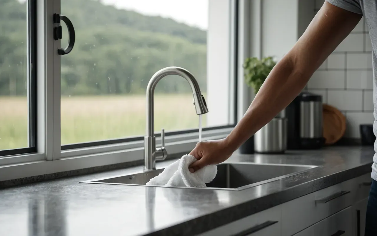 mutfak temizliği A modern kitchen scene with a person wiping down a clean countertop near an open window where fresh air is entering, showing bright natural light and a tidy environment without any text or signage.