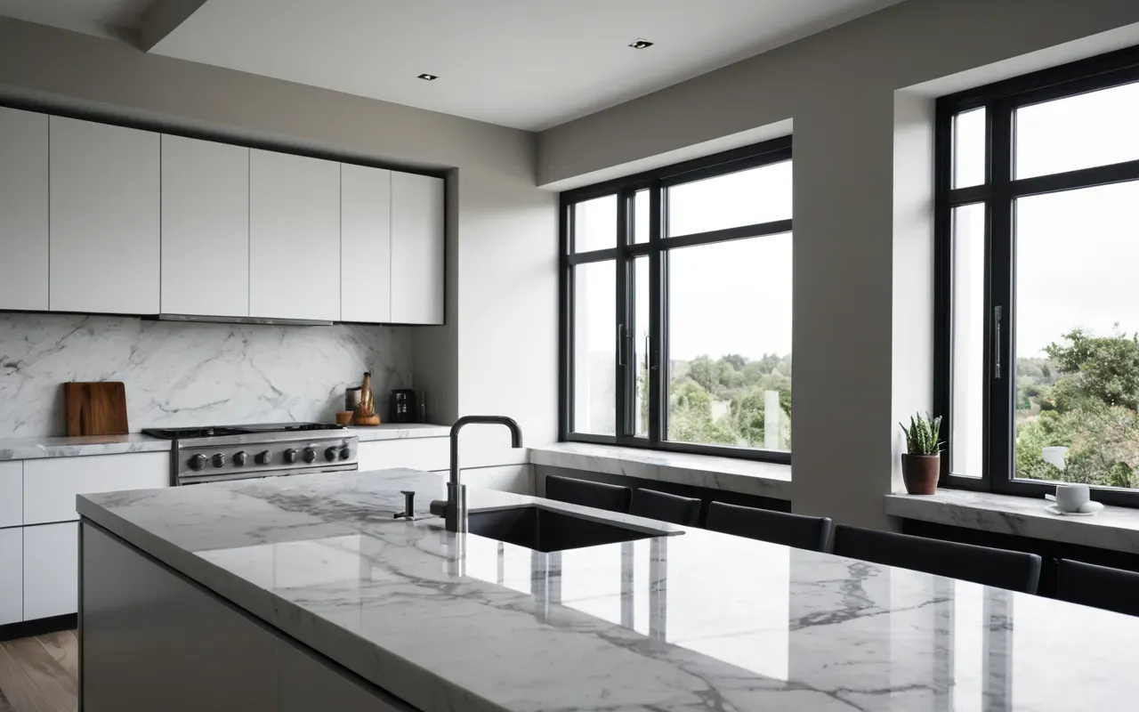 A modern minimalist kitchen interior with a sleek stainless steel refrigerator and white marble countertops. Soft natural daylight streams through large windows, creating a clean and airy atmosphere. Editorial photography style.